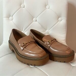 Sam Edelman Taupe Patent Lug Sole Loafers with Gold Horsebit